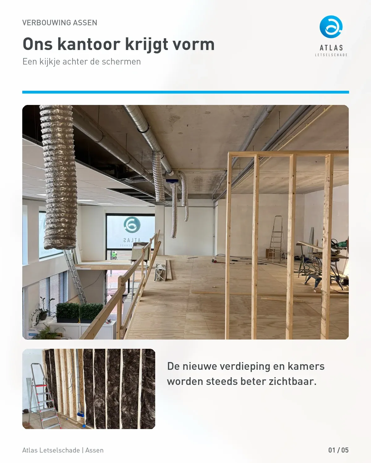 Ons kantoor krijgt vorm: de verdieping, kamers en wandisolatie.