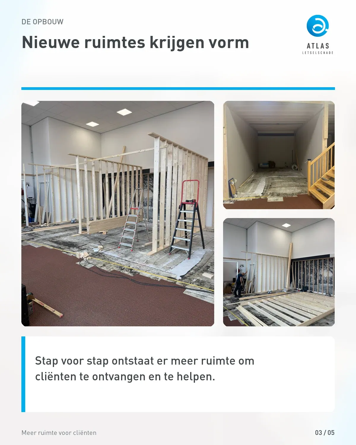 De nieuwe ruimtes: wandframes, de vloerconstructie en de kamers in aanbouw.