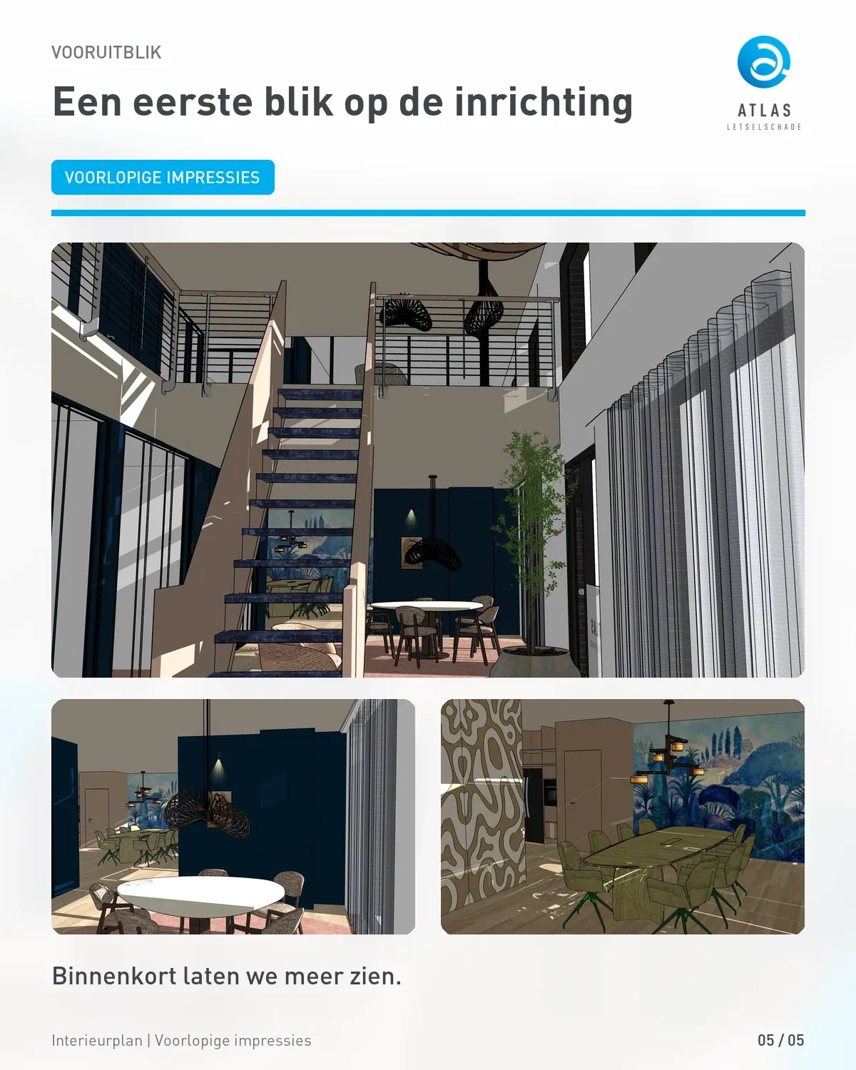 Voorlopig interieurontwerp: impressies van de trap, zithoek en vergaderruimte. Dit zijn ontwerpen, geen foto's van een opgeleverd kantoor.