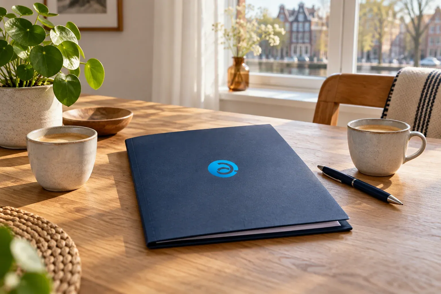 Documentmap en twee koppen koffie op een tafel bij het raam