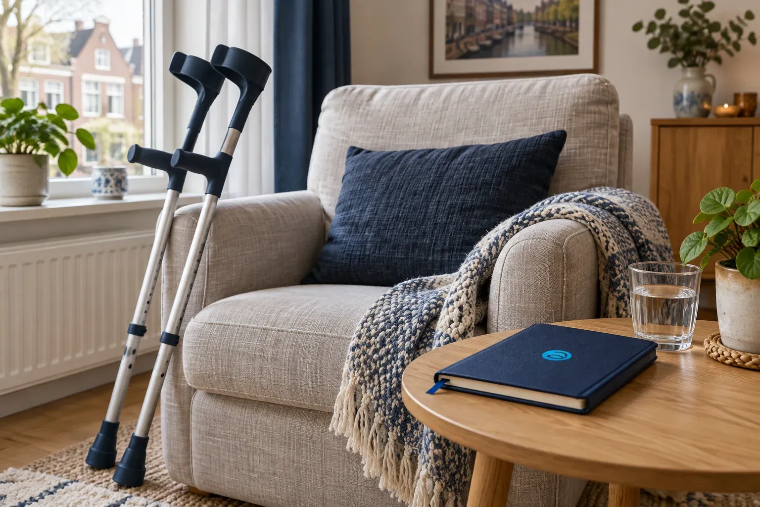 Krukken naast een comfortabele stoel in een woonkamer