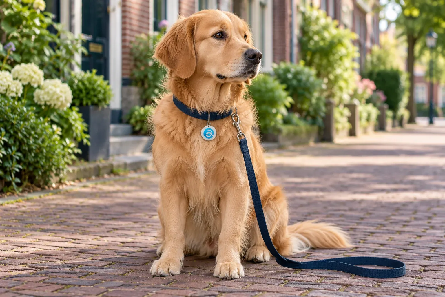 Rustige golden retriever met een donkerblauwe riem en een penning met het Atlas-logo