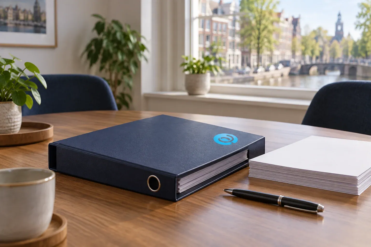 Ordner, papier en een pen op een overlegtafel