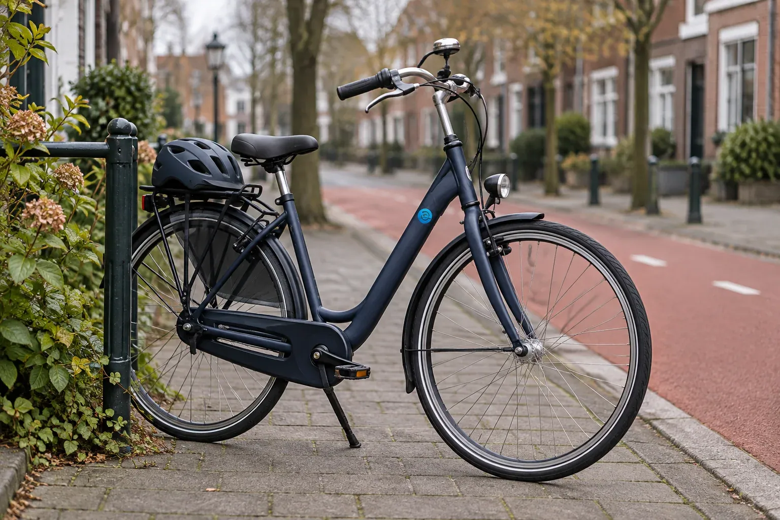 Stadsfiets met fietshelm langs een Nederlands fietspad