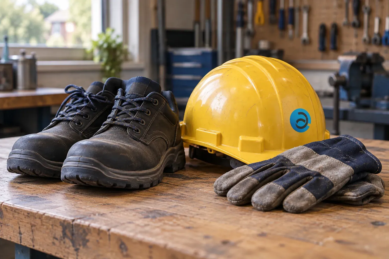 Veiligheidsschoenen, werkhandschoenen en een helm op een werkbank